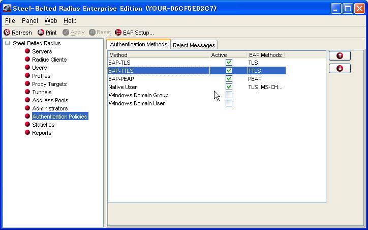 5. From the Steel Belted Radius Server GUI, select the Authentication Policies field on the left. Click the check box for EAP-TTLS to make it Active. 6.