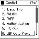 4. From the Config1 menu screen, press 6 (SIP Outb Proxy) to display the SIP Outb Proxy menu screen. Press the LeftSoft key to edit.