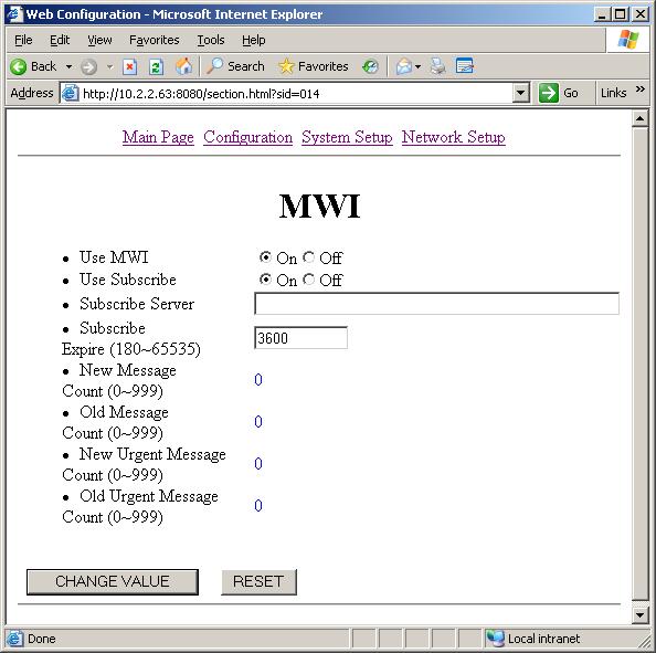 6. From the MWI menu screen, check the On radio button for Use