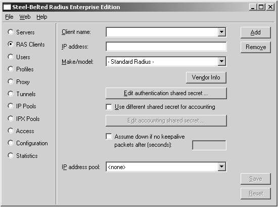 Configuring the RADIUS server (Funk) 19 8 Click the RAS Clients option button. 9 Click the Add button.