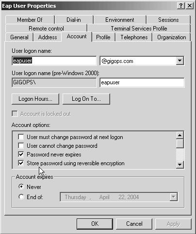 Configuring the RADIUS server (Microsoft) 31 6 Click the Dial-in tab and enable the Control Access