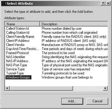 Configuring the RADIUS server (Microsoft) 37 5 In the Select Attribute dialog box, click the Windows Groups item