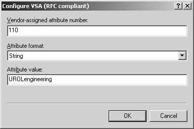 Configuring the RADIUS server (Microsoft) 43 12 In the Configure VSA dialog box, type the number 110 in the Vendor-assigned Attribute Number field; type string in the Attribute Format field; and type