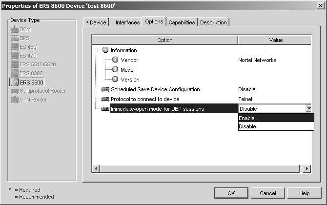 48 Configuring EPM for UBP To set the open mode for an ERS 8800/8600 device, right-click its object in EPM and then choose Properties from the menu.