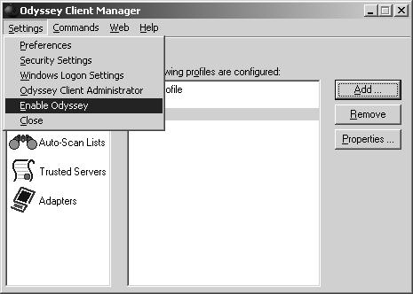 Setting up the Funk Odyssey Client for EAP 55 7 Enable the Odyssey client through the Settings menu.