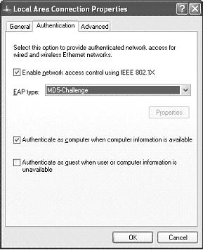 3 Click the Authentication tab and enable the Enable Network Access Control Using IEEE 802.1X check box.