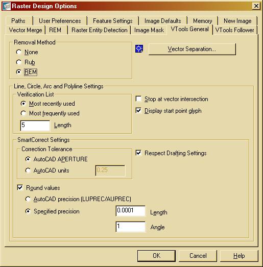 The last group of settings in this dialog box affects the SmartCorrect capabilities of the Interactive Vectorization commands. SmartCorrect will adjust lengths and angles based on these settings.
