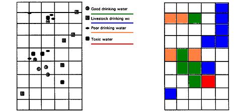 d 9 - cells with 'good' drinking water get value 1 (green) - cells with 'livestock' drinking water, but no good drinking water get value 2 (blue) - cells with