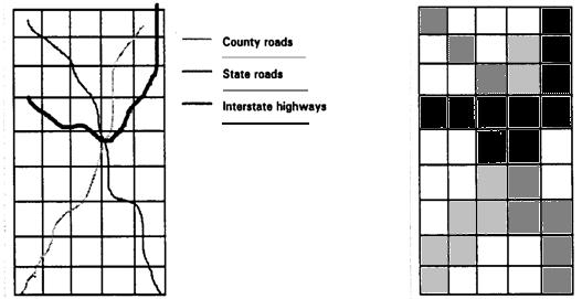 water get value 4 (red) Cells with interstate highways had the highest weight, country roads the lowest.