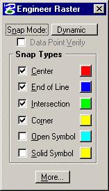 Raster Snap Allows snapping to corners, intersections, open symbols, and solid symbols. Dynamic snap visually displays the snap points as the movement of the cursor is tracked.