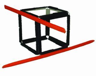 The left-hand cube with rods shows a parallel configuration, the middle a