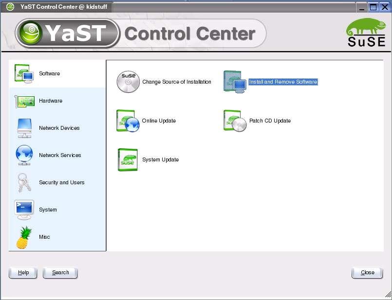 Chapter X: Accessing Windows Shares from a Linux Workstation 13 Figure 13. Use the YaST Control Center to get to the Install and Remove Software applet.