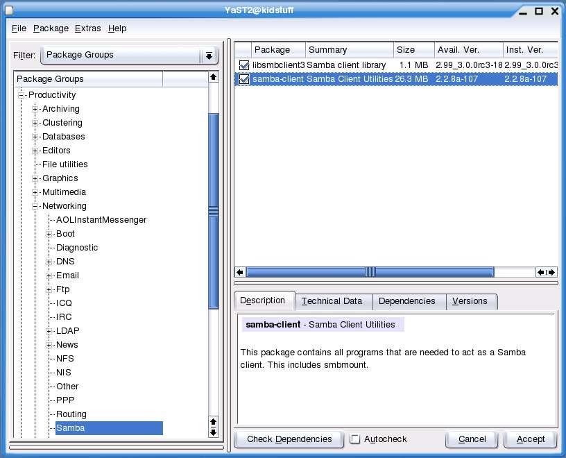 14 Linux Transfer Figure 14. The software management dialog displays a hierarchy of all possible software packages on the system.