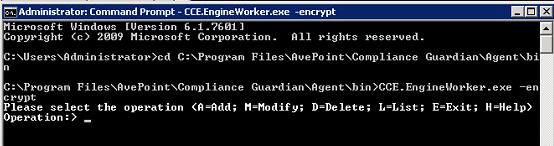 Figure 51: Using CCE.EngineWrker.exe and the cmmand encrypt t encrypt the passwrd. *Nte: Yu must use CCE.EngineWrker.exe and the cmmand encrypt t encrypt the passwrd in all f the servers where Cmpliance Guardian Agents (added in the agent grup) install.