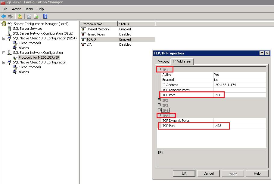 Make sure TCP/IP Port has 1433 Select TCP/IP, go to