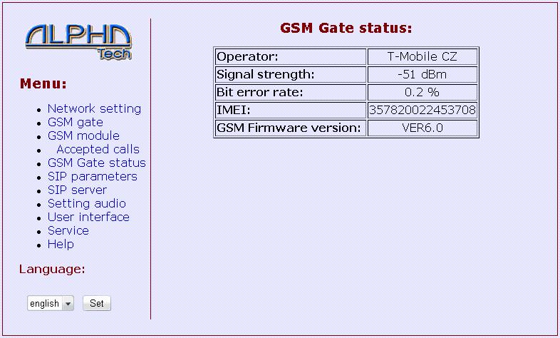 2.5 GSM Gate status Operator name of network operator Signal strength - 113 to -99 dbm is very bad signal, -98 to -83 dbm is bad signal, -82 to -71 dbm is good signal and -70 to -51 dbm
