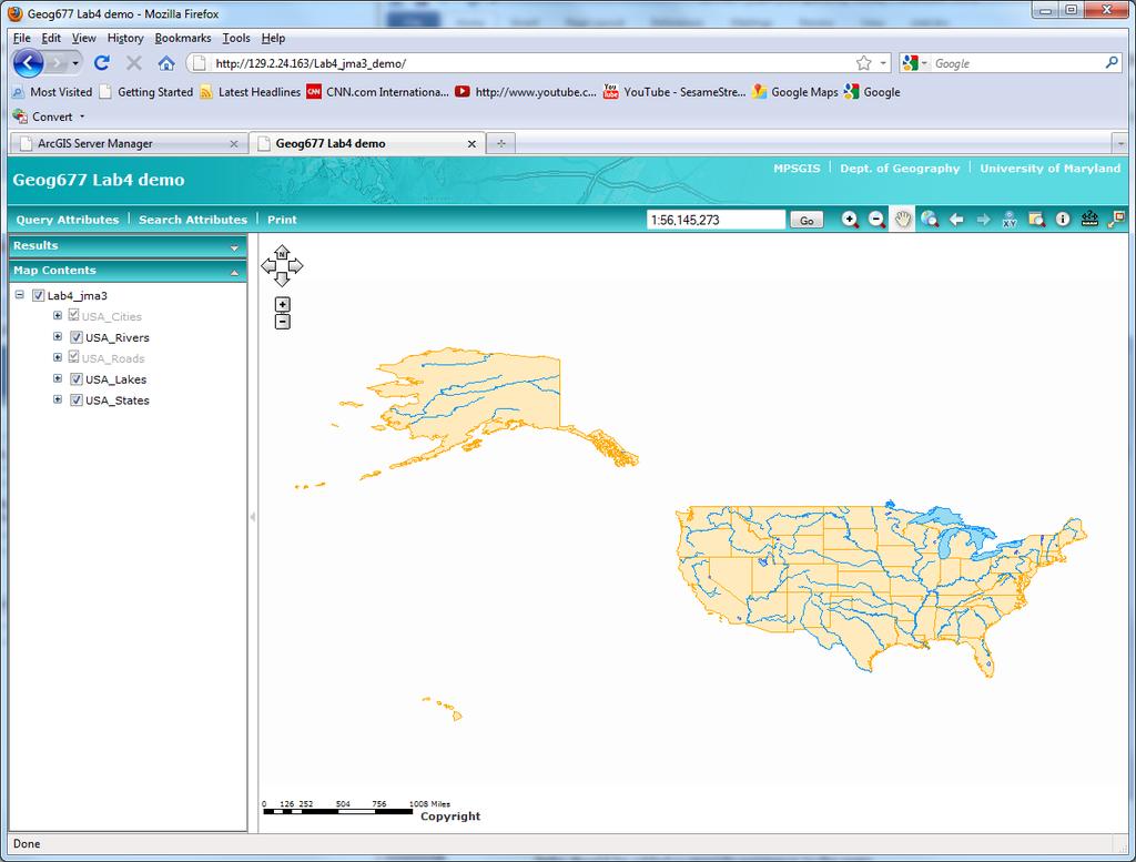 1. The Example Here is the link: http://129.2.24.163/lab4_jma3_demo/ This Web GIS application delivers some general data about USA including state boundaries, cities, rivers, lakes, and highways.