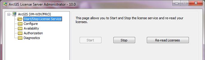 11. ArcGIS License Service is started automatically. Or, you can start or stop manually under Start/Stop License Service item in the tree on the left. Click Start if it is not started. 12.