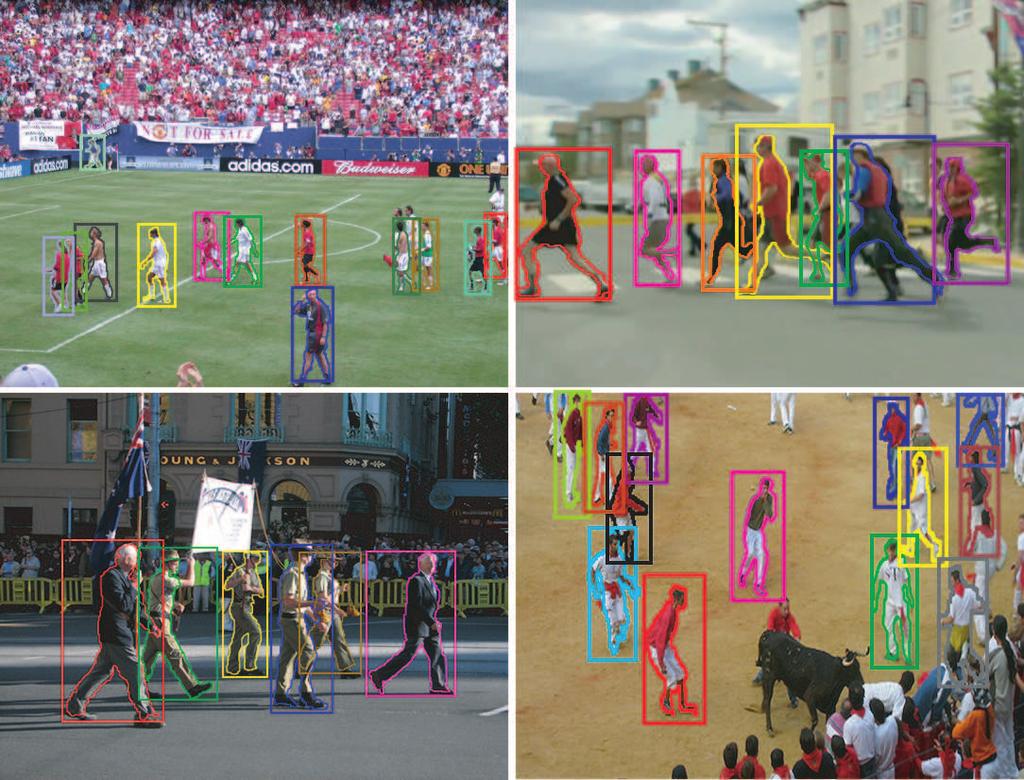 Figure 5: Example detections from the testing set are depicted by a colored bounding box and posturebased segmentations.