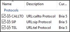 Bria 5 Desktop reference topics Other ways to use Bria 5 3. Select the CALLTO, SIP, and TEL protocols. 4. Click Save. Bria 5 is set as your default application for the CALLTO, SIP, and TEL protocols.