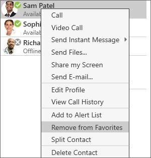 Contacts Directory Tab 2. Right-click (Windows) or CONTROL+Click (Mac) and select Remove from Favorites. The contact is removed from favorites but still appears in contacts.