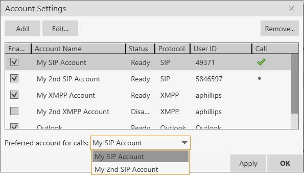 Configuring Bria 5 Accounts Account Settings window The account can be used for outgoing calls if you select when placing an outgoing call. no icon The account cannot be used for phones calls.
