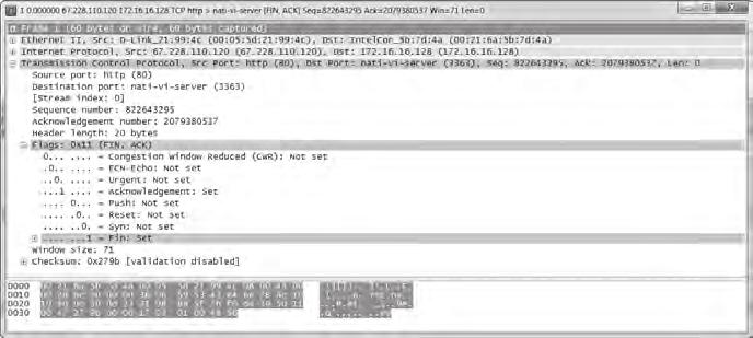 FIN/ACK ACK Host A FIN/ACK ACK Host B Figure 6-24: The TCP teardown process To view this process in Wireshark, open the file tcp_teardown.pcap.
