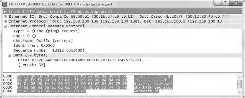 The first packet (see Figure 6-32) shows that host 192.168.100.138 is sending a packet to 192.168.100.1. When you expand the ICMP portion of this packet, you can determine the ICMP packet type by looking at the Type and Code fields.