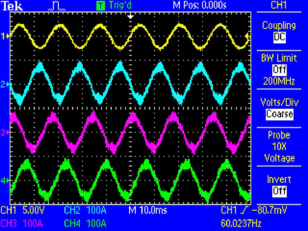 Digital Storage Oscilloscopes TPS2012B TPS2014B TPS2024B Perform three-phase power measurements of variable frequency drives.