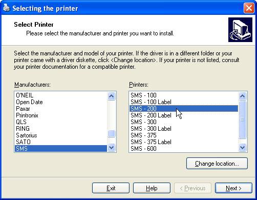 Printer installation Select SMS and model of printer and click Next, select the port you have connected your printer to and click NEXT.
