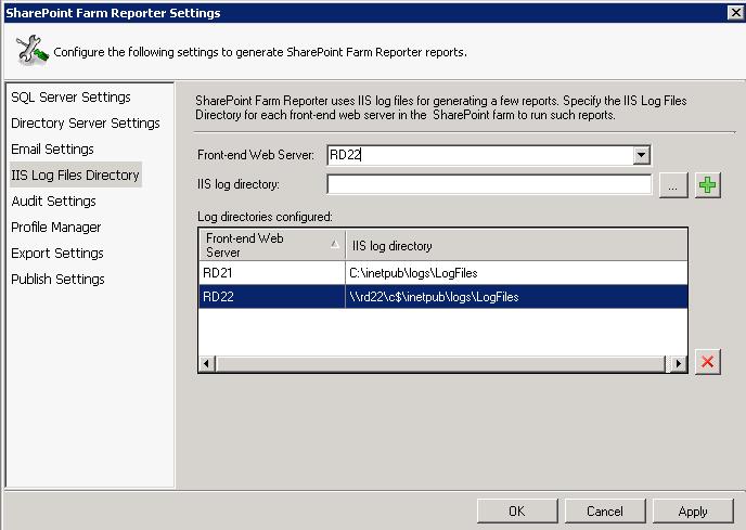 4. IIS Log Settings: The reports like List Visits, Page Visits in SharePoint Farm Reporter extract information from IIS logs.