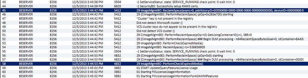 the server service debug log using the Backup Exec