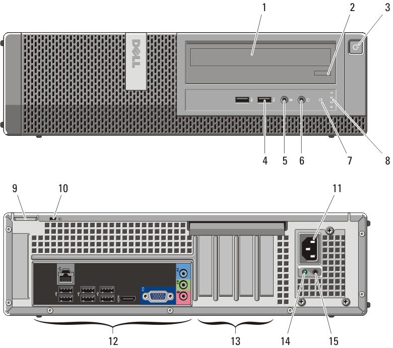 13. back panel connectors 14. expansion card slots (4) 15. security cable slot 16. padlock ring Desktop Front And Back View Figure 2. Front And Back View Of Desktop 1. optical drive 2.
