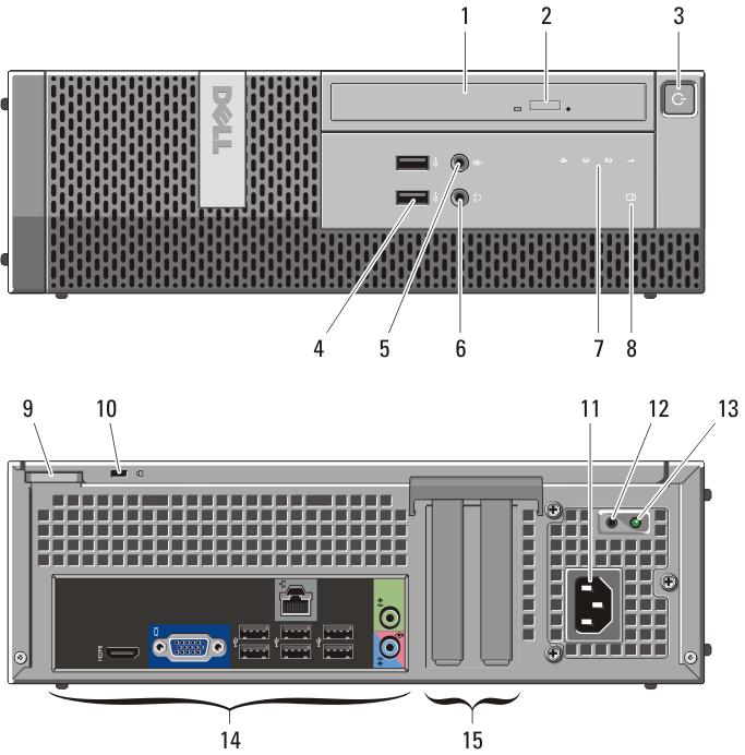 Small Form Factor Front And Back View Figure 4. Front And Back View Of Small Form Factor 1. optical drive 2. optical drive eject button 3. power button 4. USB 2.0 connectors (2) 5.