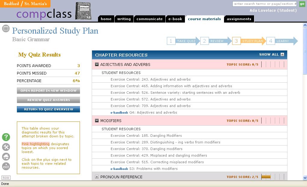 12 To complete an exercise recommended in your Personalized Study Plan, simply click on the title, fill in the answers, and click Submit.