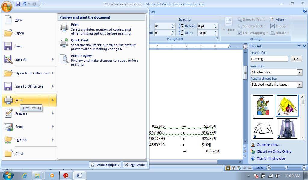 Printing Basics Microsoft Word 2007 Essential Skills Print Preview Most programs provide a Print Preview feature to View the file.