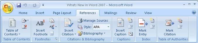 The Reference tab is organized in six groups: Table of Contents, Footnotes, Citations & Bibliography, Captions, Index, and Table of Authorities.