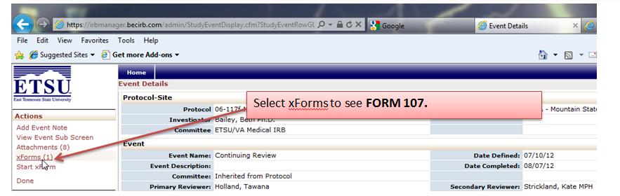 Navigating Agendas & Minutes PAGE 9 IRB SPECIFIC AGENDA INSTRUCTIONS Select xforms to see the Form 107 To Review