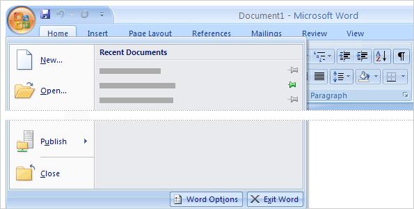 1. To save your new document, click the Microsoft Office Button. 2. Then click Save.