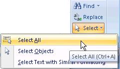 On the Home tab, the Select command resides at the end of the ribbon.