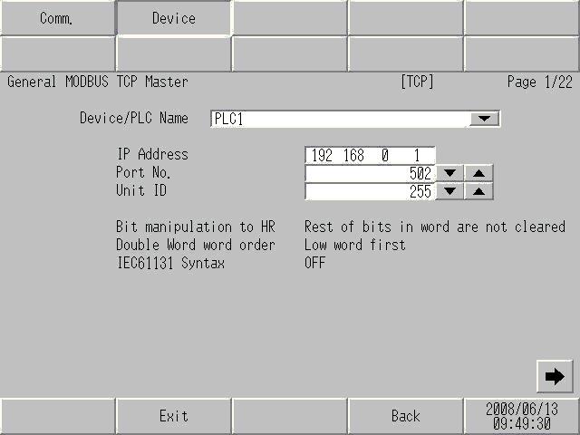Device Setting To display the setting screen, touch [Device/PLC Settings] from [Peripheral Equipment Settings]. Touch the External Device you want to set from the displayed list, and touch [Device].