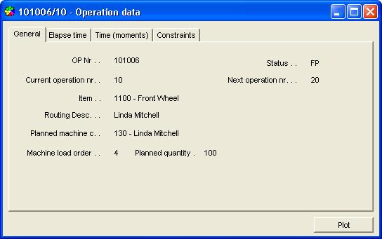 FCS user manual 25 15.2. Operation data You can see the operation data by clicking on bars. This window can also be opened through the options when right clicking on a Gantt bar.