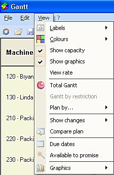 FCS user manual 34 16. Menu options View Plan Edit Menu 16.1. View Plan 16.1.1. Individualized GANTT It is possible to select the view of the Gantt diagram by choosing one or several production orders, items or machine centers.