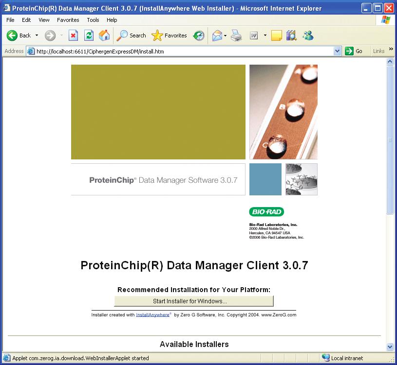 Page 56 Installing the Client Software 4. The ProteinChip data manager client software installation web page appears (Fig. 7.2). Click Start Installer for Windows.