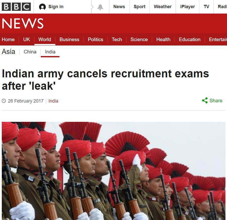 February 26, 2017: Indian army exam cancelled Indian army recruitment exams Exam in Feb 2017 cancelled due to leak of question papers