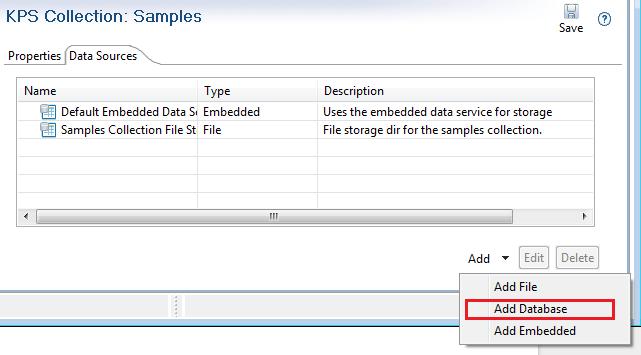 7 Configure database KPS storage 1. On the KPS collection Data Sources tab, select Add > Add Database. 2.