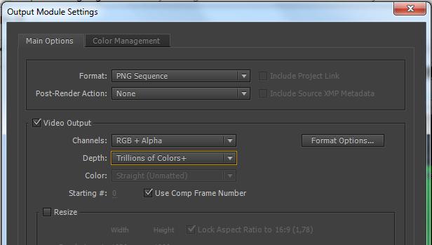 Next, render out your fill and intensity map composition as another PNG sequence set to Millions of colors and RGB + Alpha.