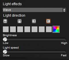 LIGHT SETTINGS LIGHT BRIGHTNESS: Click and drag the knob from left to right to adjust the brightness of the keys LIGHT SPEED: Animation of speed