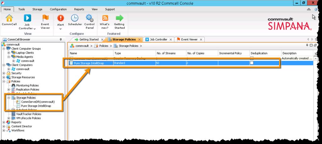 The newly created Pure Storage IntelliSnap storage policy can be seen in the Commvault