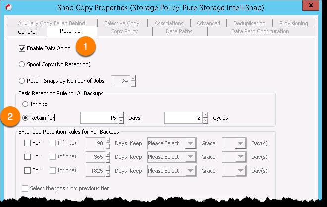 The final step is to click on the Retention tab and see that the Enable Data Aging is checked and the only modification that is necessary is to update the Basic Retention Rule for All Backups from